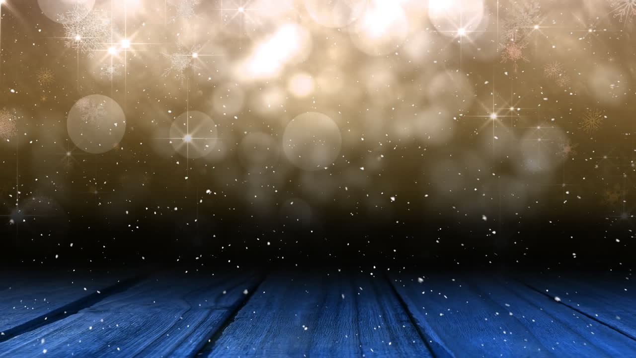 복사 공간과 나무 표면으로 빛나는 반점 위에 떨어지는 눈의 애니메이션