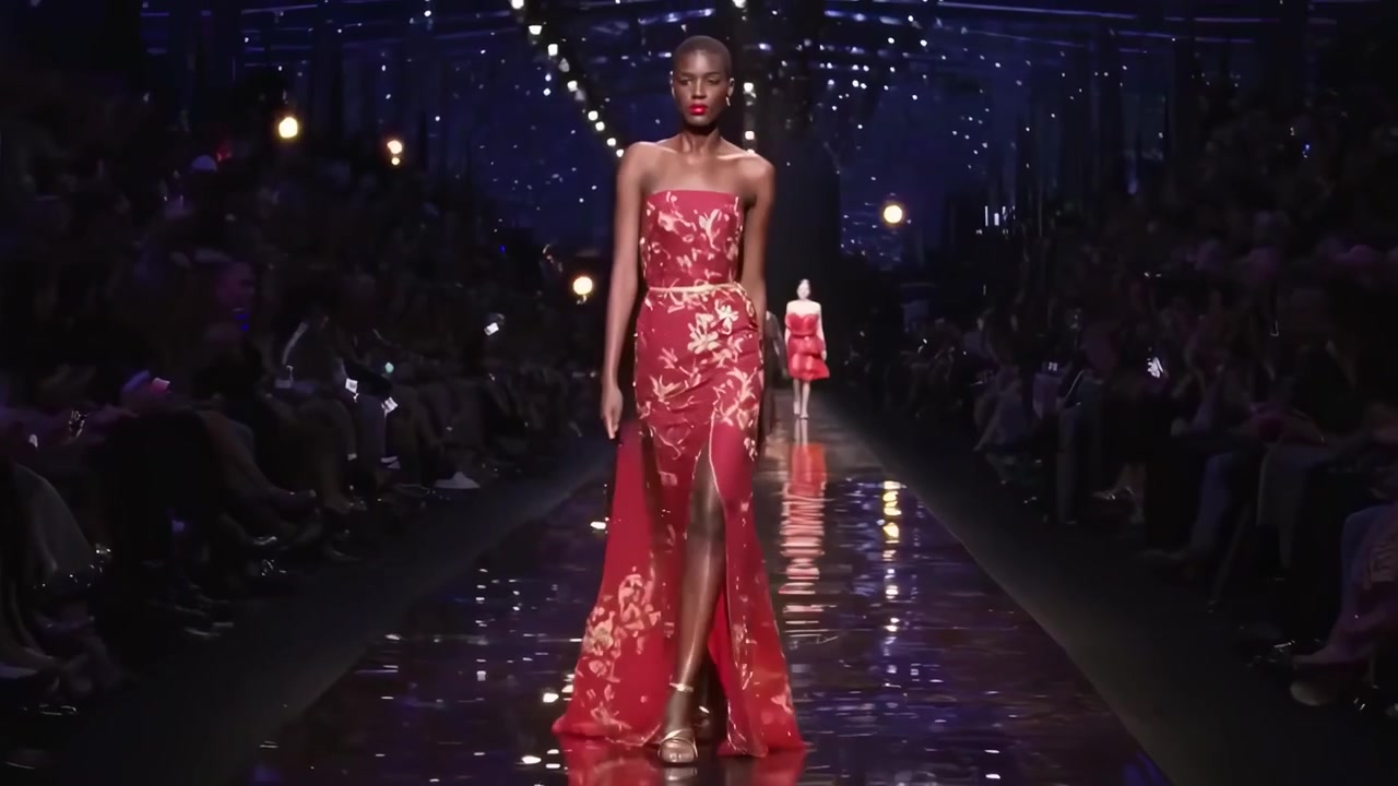 Modeller på catwalk i rød modeshowkollektion