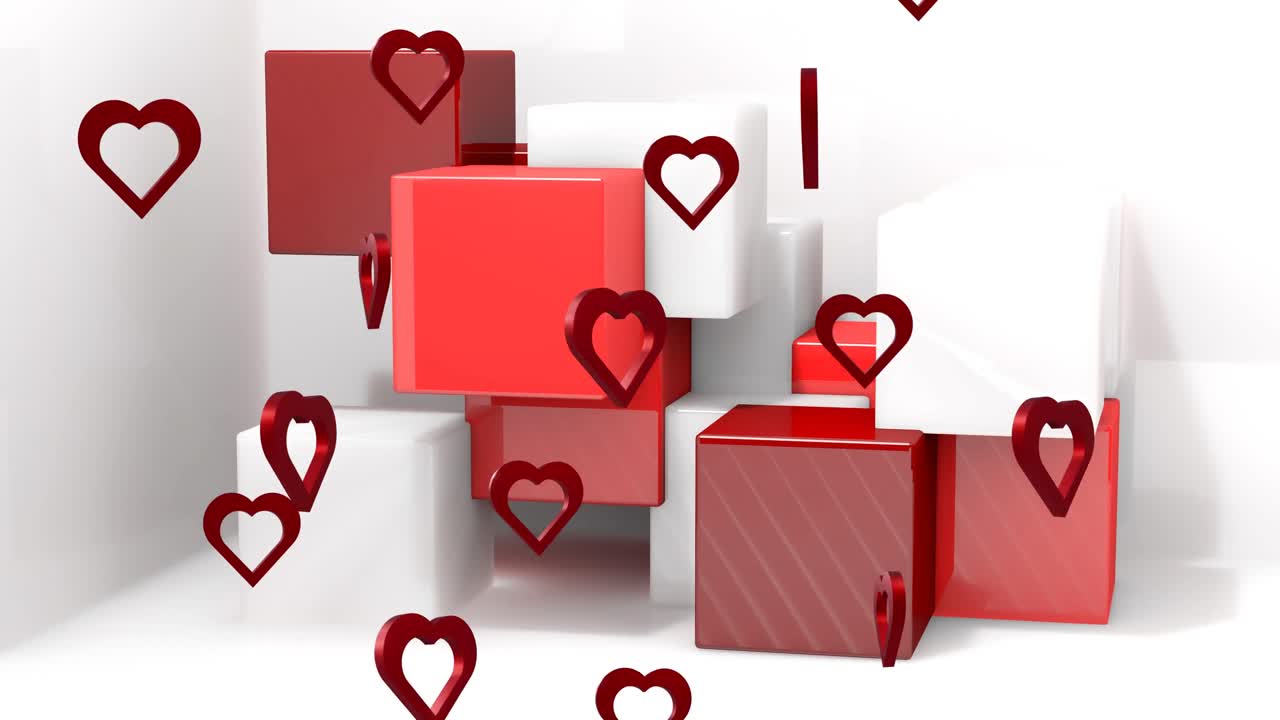 animación de corazones rojos sobre cubos sobre fondo blanco.