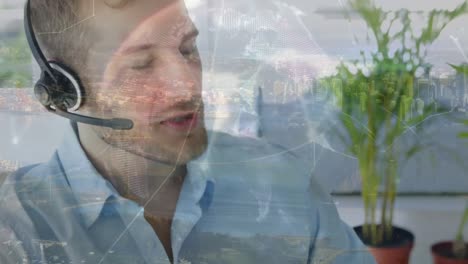 Animation-of-globe-over-business-man-using-phone-headset