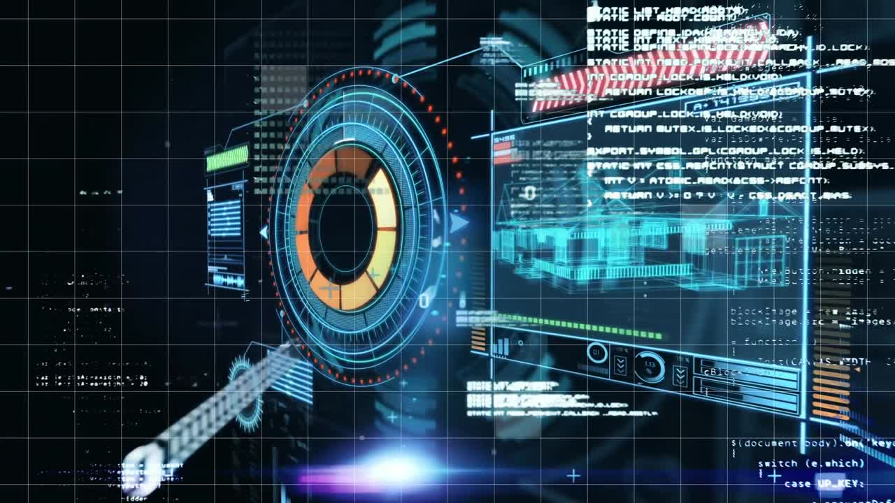 그리드 위에서 데이터와 정보와 함께 움직이는 파란색 모양의 애니메이션