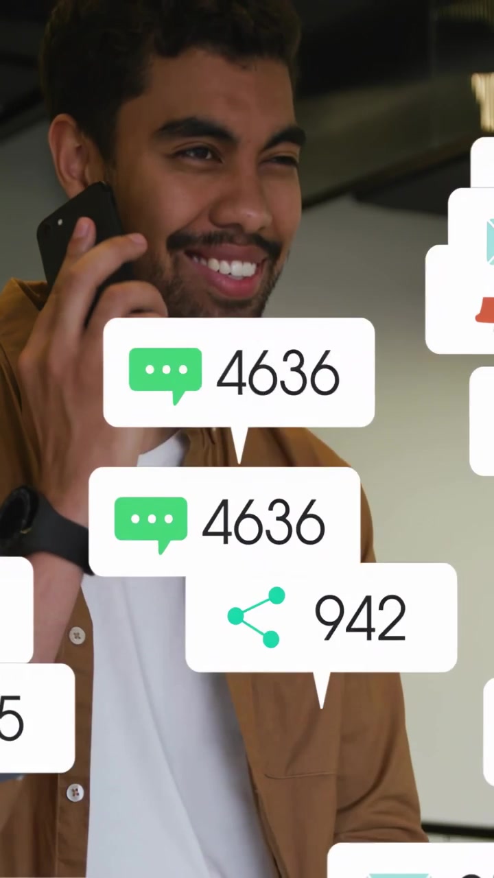 Vertical video: Man using phone while notifications appearing, tapping, calling for social media