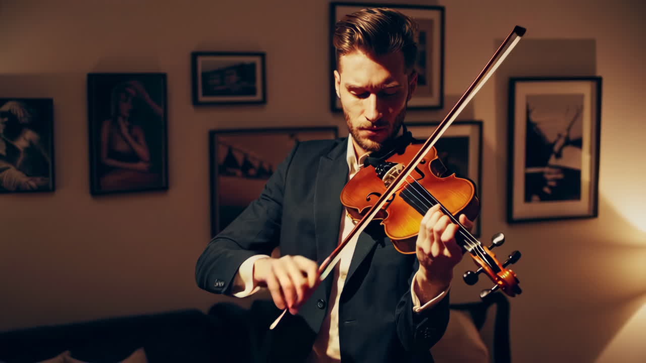 Man Playing Violin at Home
