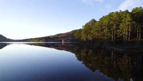 Aerial-drone-footage-flying-over-the-surface-of-still-water-with-reflections-in-the-Cairngorms-National-Park-Scotland-towards-a-native-scots-pine-forest-with-clear-blue-sky-at-sunset