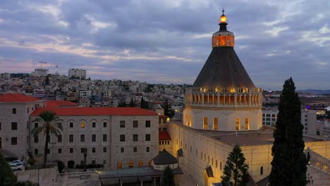 Aerial-footage-of-the-Basilica-of-the-Annunciation-over-the-old-city-houses-of-Nazareth