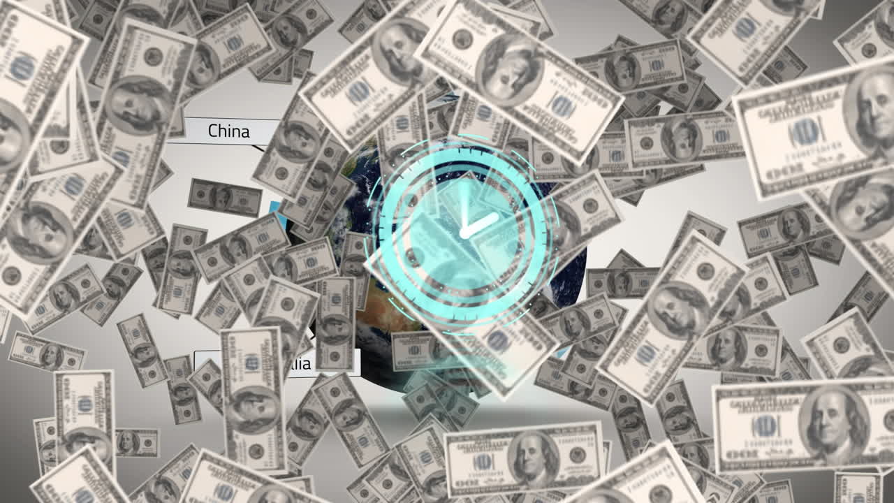 회색 배경에 떨어지는 지구, 시계 및 달러의 애니메이션