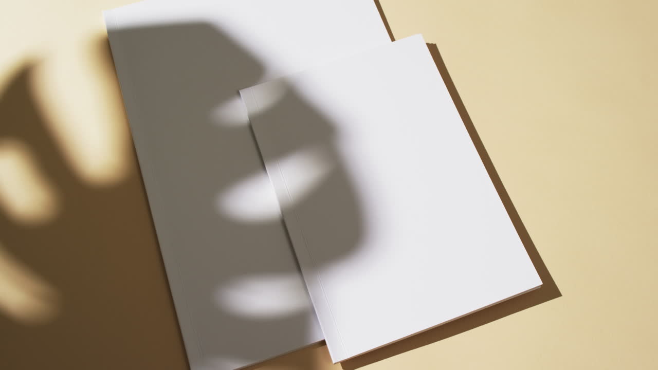 Video dell'ombra di una pianta su libri con pagine bianche vuote e spazio per il testo su sfondo giallo