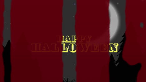 animation of happy halloween text over blood stains, trees and moon on sky