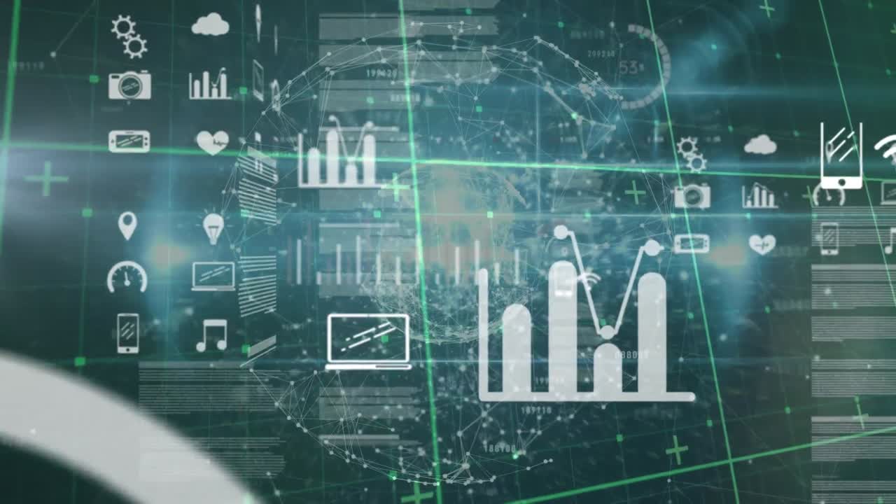 Animation of screens with data processing over globe of network of connections on green background