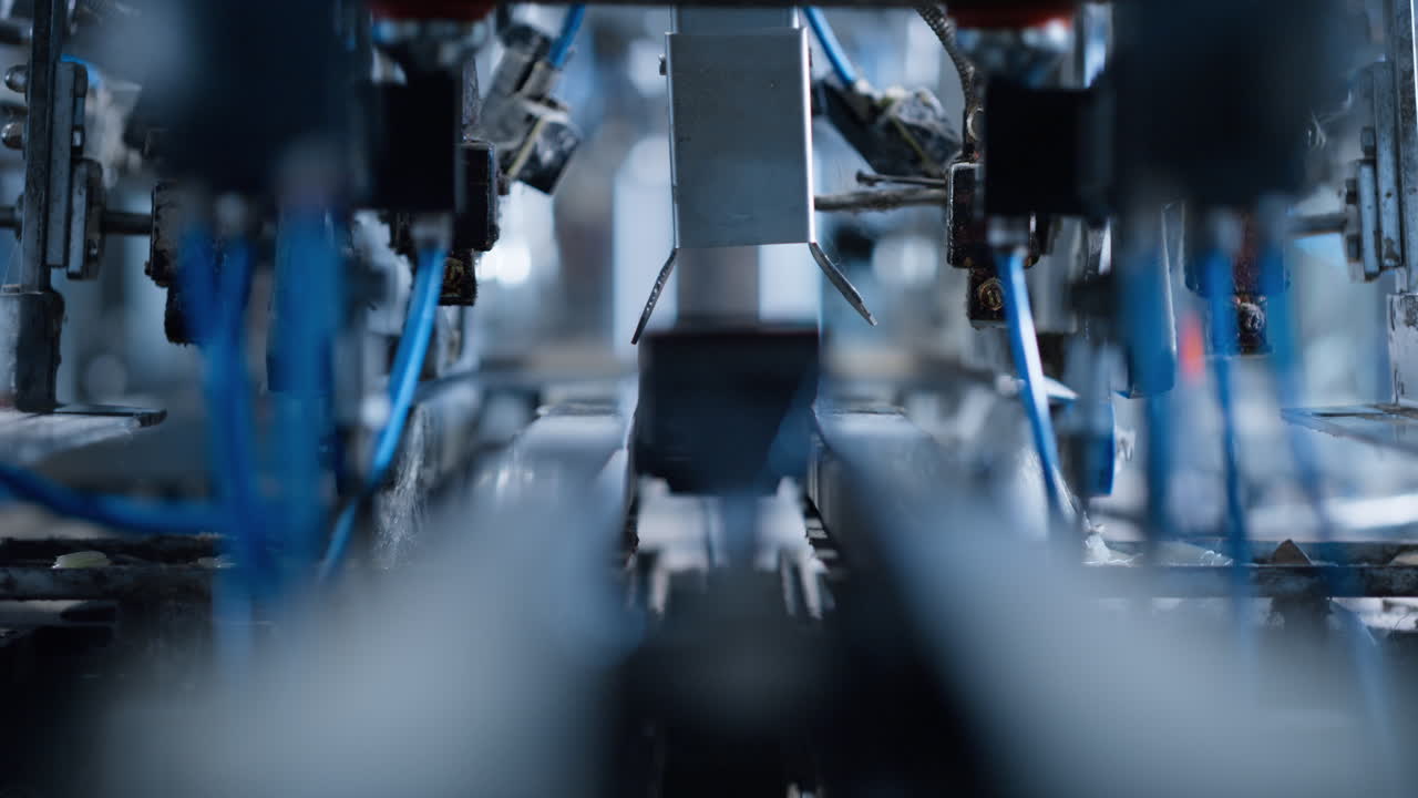 closeup caja de cartón embalaje máquina eléctrica trabajando en almacén moderno