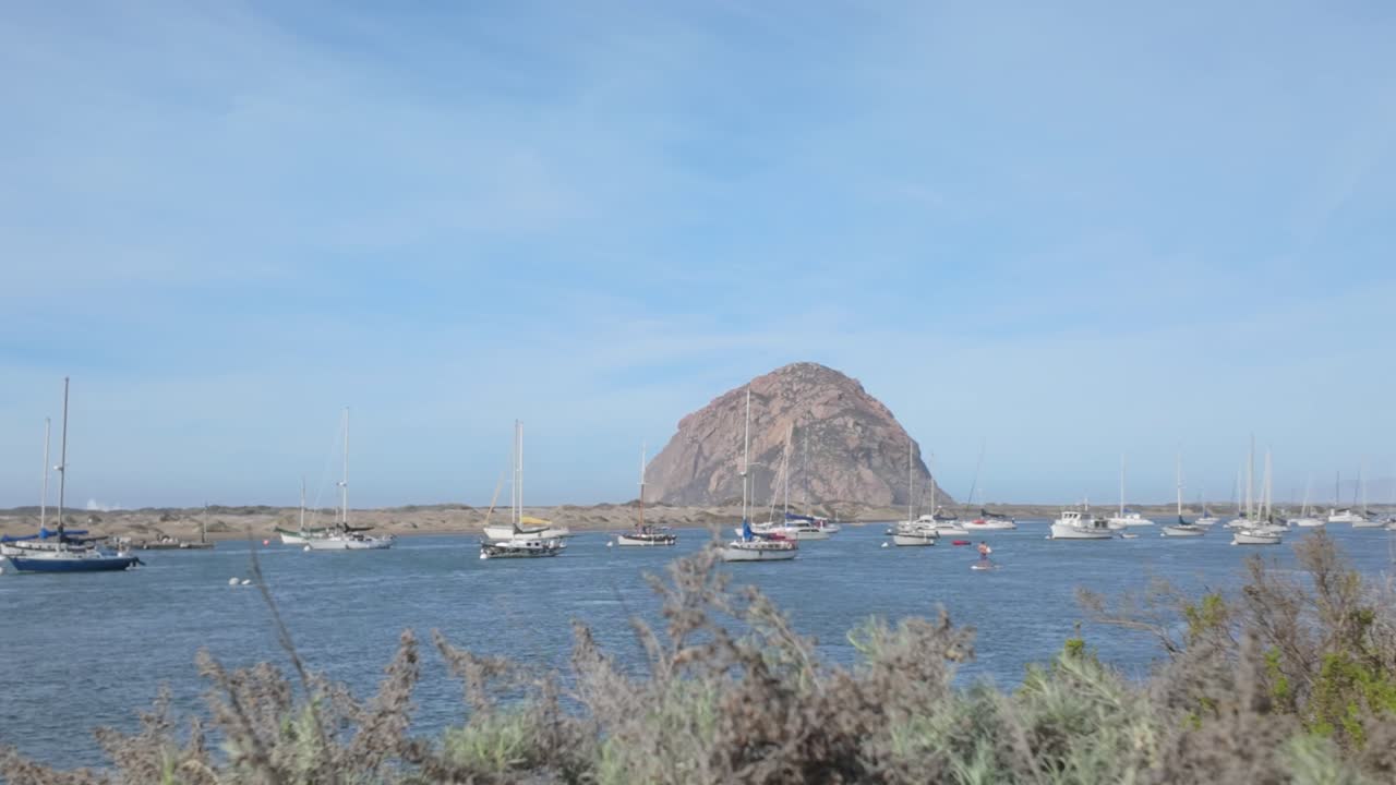 Gimbal wide panning shot of sailboats on a sunny day in Morro Bay, California. 4K