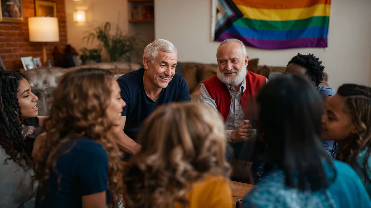 Smiling man leaning, starting mentoring at home, red vest man nodding, teens listening, pride flag