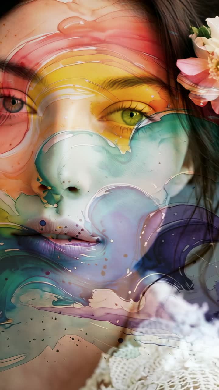 Vertical video: Starting watercolor shapes drifting across woman's face in studio, merging portrait