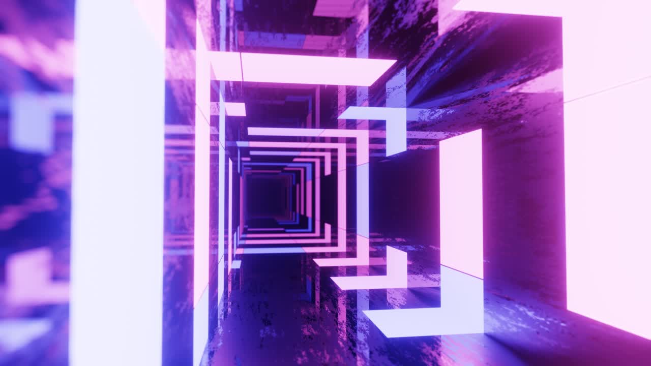 4k seamless looped animation. Fly through mirror tunnel with neon pattern, glow lines form sci fi pattern. Bright reflection neon light. Simple bright background, sci fi structure