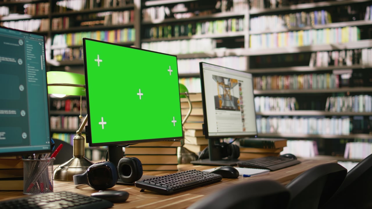 Green screen desktop with multiple monitors showing interfaces in library