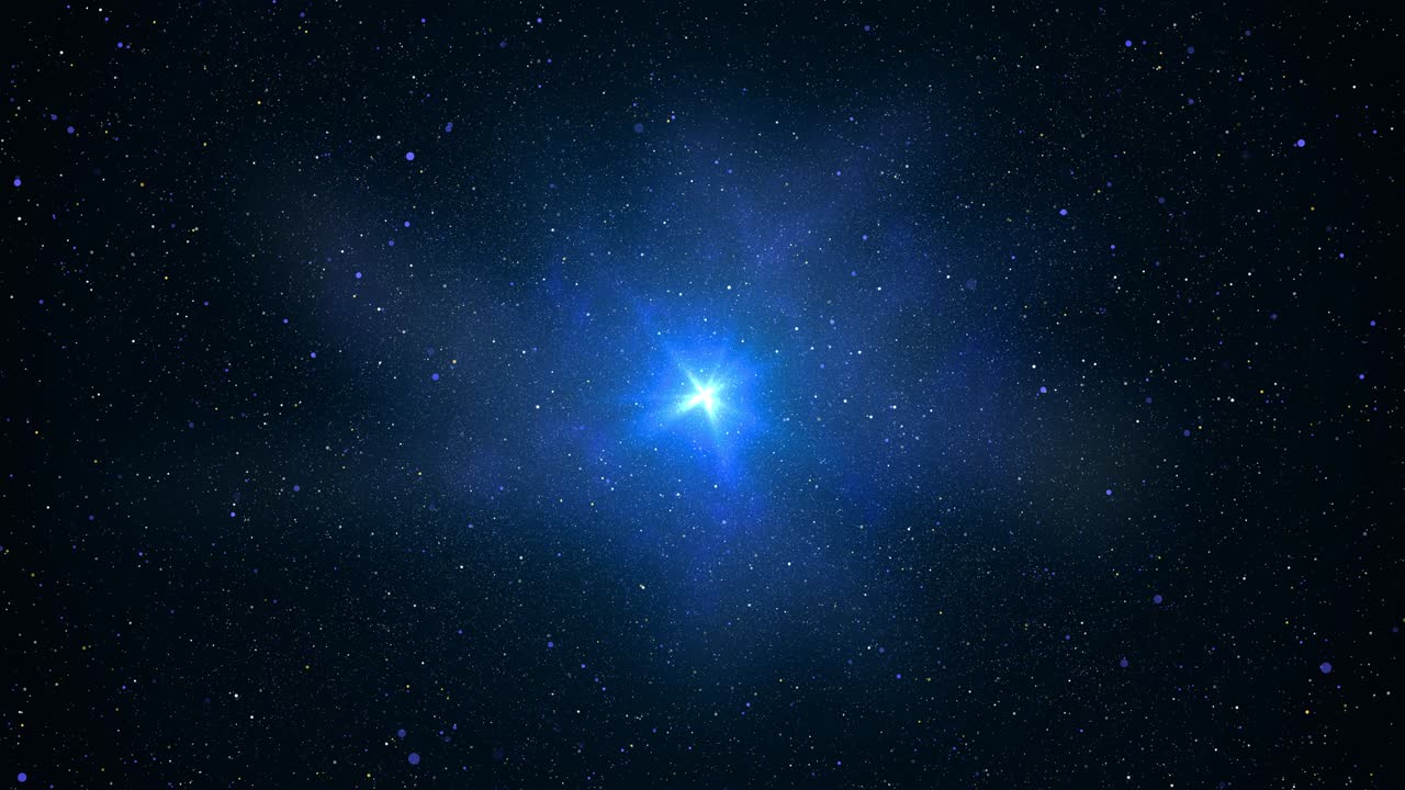 Esplorazione della galassia, spazio esterno verso una galassia luminosa della Via Lattea che vola tra le stelle e il blu