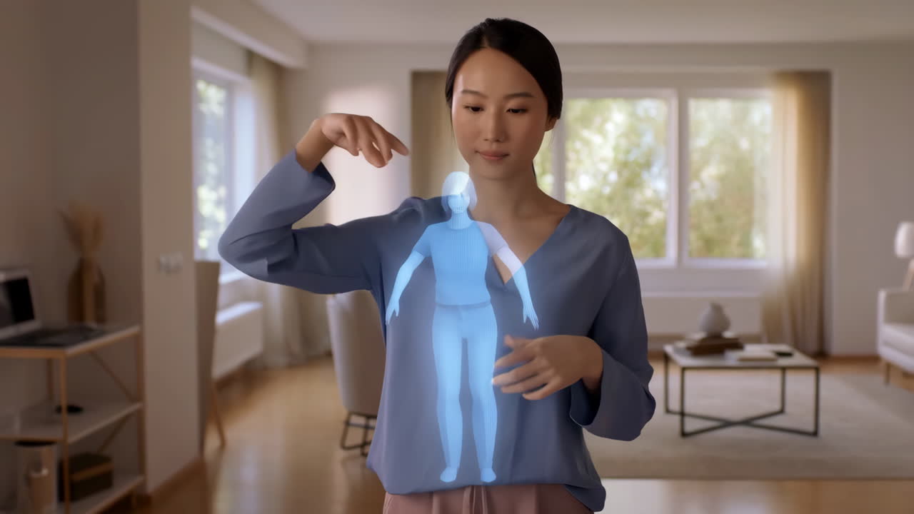 Woman interacting with a holographic body scan