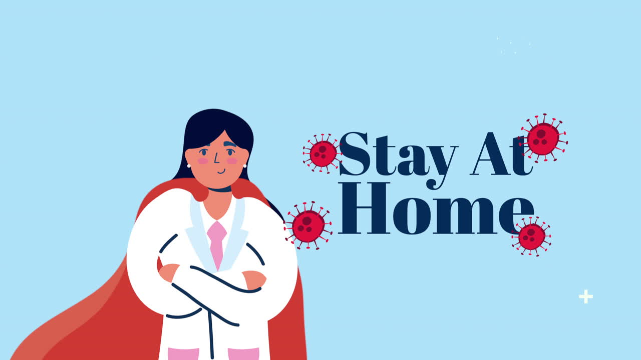 영웅의 망토와 코로나19 입자를 입은 여성 의사