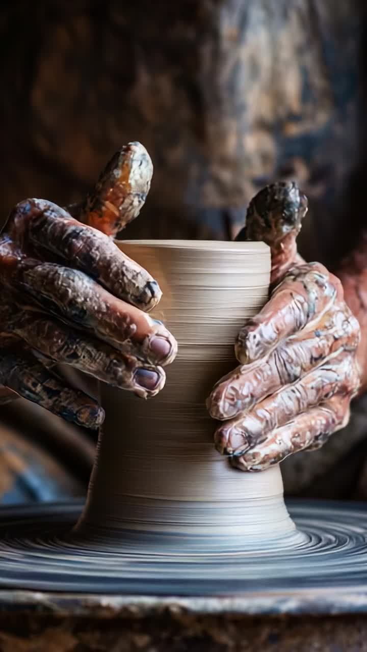 Künstlerische Töpferkunst: Die Kunst des Formens von Ton mit geschickten Händen in einer wunderschönen Darstellung von Handwerkskunst und Kunstfertigkeit meistern