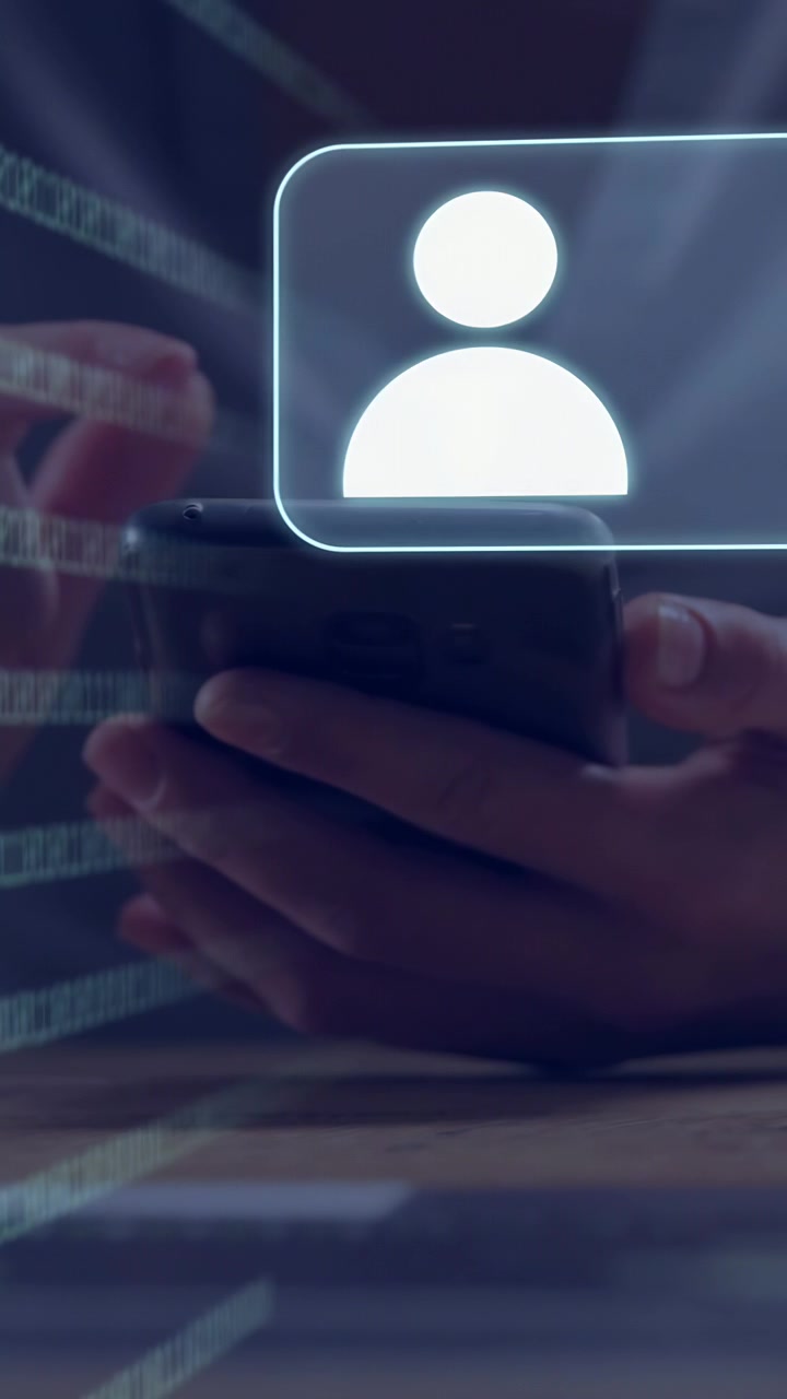 Vídeo vertical: Homem segurando o telefone, tocando na tela e fazendo surgir avatares, com um gráfico crescente para um aplicativo social