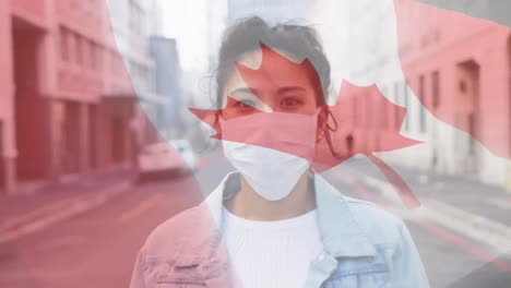 Canadá-Ondeando-Bandera-Contra-El-Retrato-De-Una-Mujer-Asiática-Con-Mascarilla-En-La-Calle