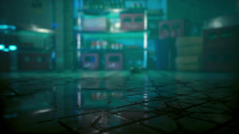 a dark and dirty industrial room with wet tiles and shelves of beer bottles