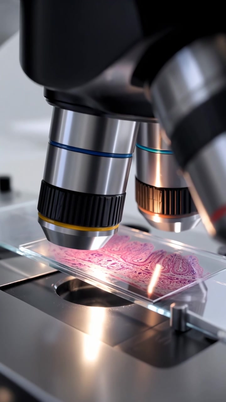 Séquence en gros plan montrant plusieurs objectifs de microscope se déplaçant au-dessus d'une lame transparente, tandis qu'une lumière transmise chaude révèle des détails de tissu rose sur un fond de laboratoire blanc et propre