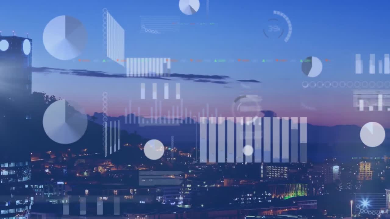 Animation of statistical data processing against aerial view of cityscape at night