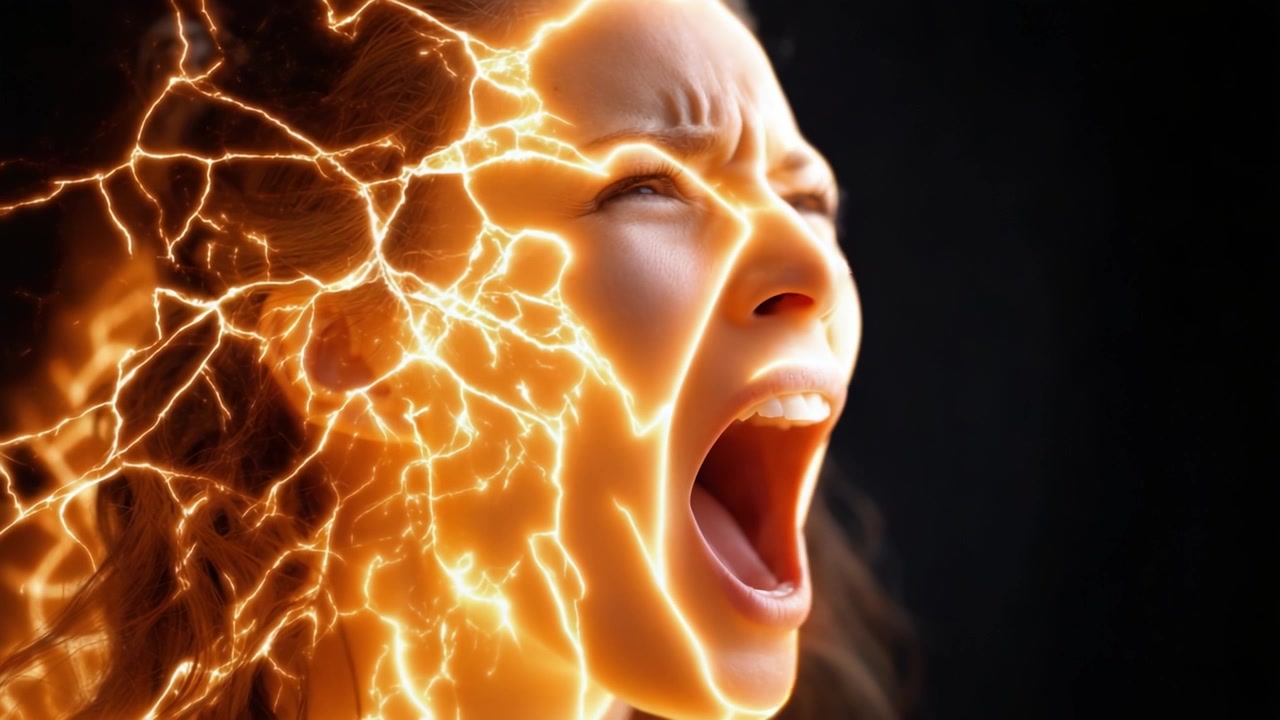 Et kraftfuldt følelsesudtryk fanget i to billeder, der viser en kvinde, der skriger midt i en baggrund af dynamisk elektrisk energi, der resonerer i hende