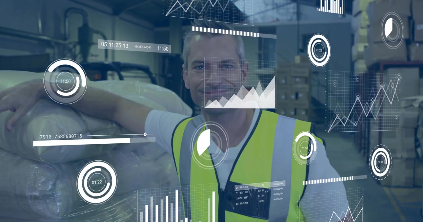 Warehouse worker entering, walking to wrapped pallets, lifting sack while HUD charts showing stock
