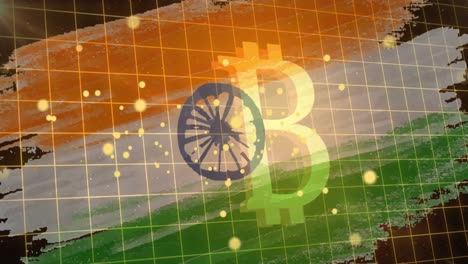 animation of dost and bitcoins over flag of india