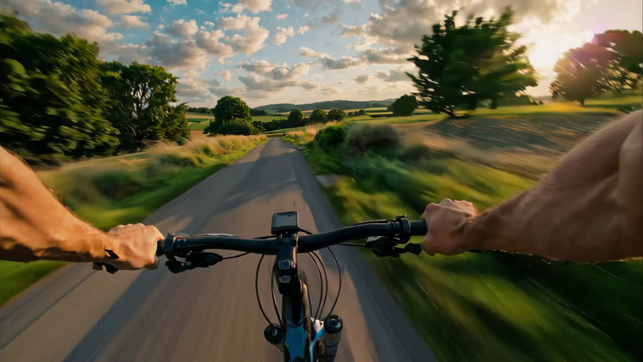 Cyclisme dans un paysage rural au coucher du soleil