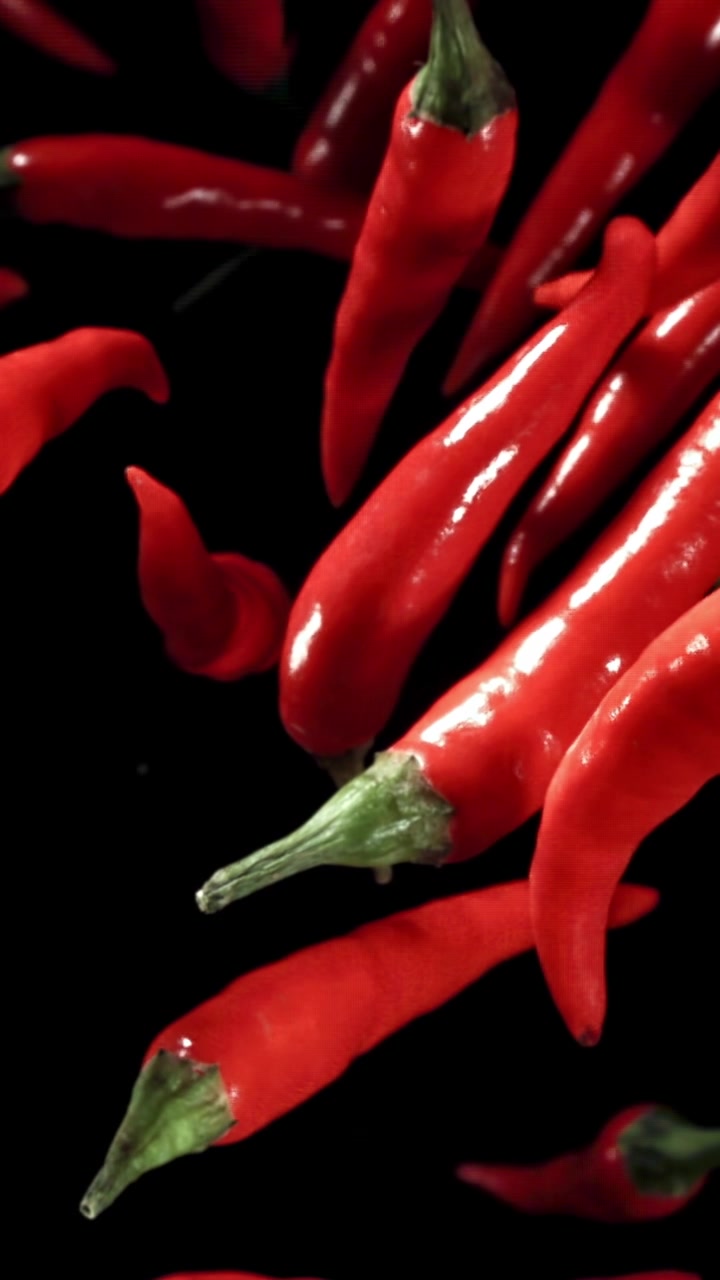 Red Chili Peppers Falling in Slow Motion on Black Background