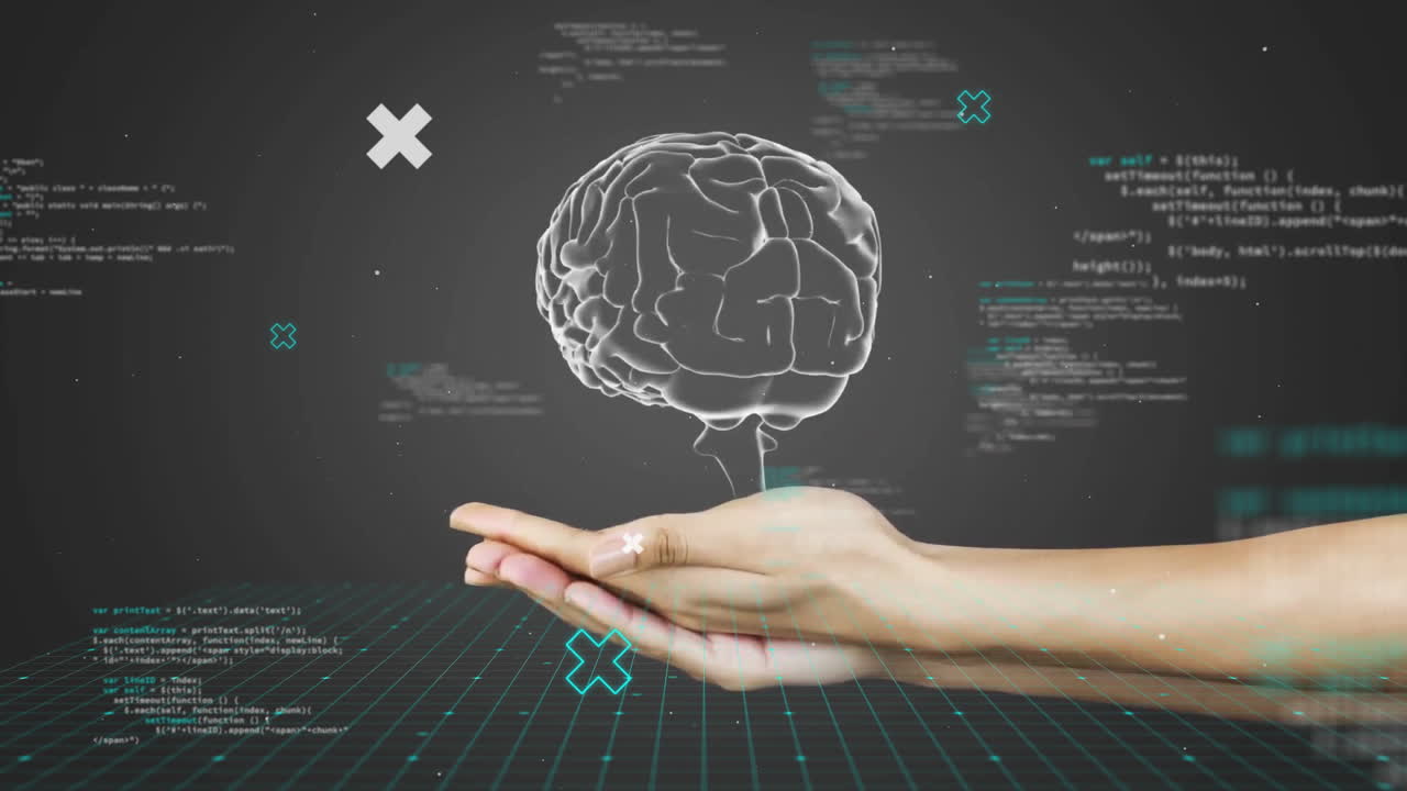 animación del cerebro humano con la mano de una mujer y procesamiento de datos sobre un fondo oscuro