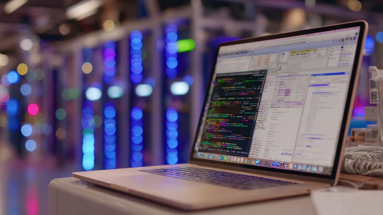 Close-up View of a Laptop Displaying Colorful Coding Scripts with a High-Tech Backdrop of Illuminated Server Racks in a Modern Workspace Environment