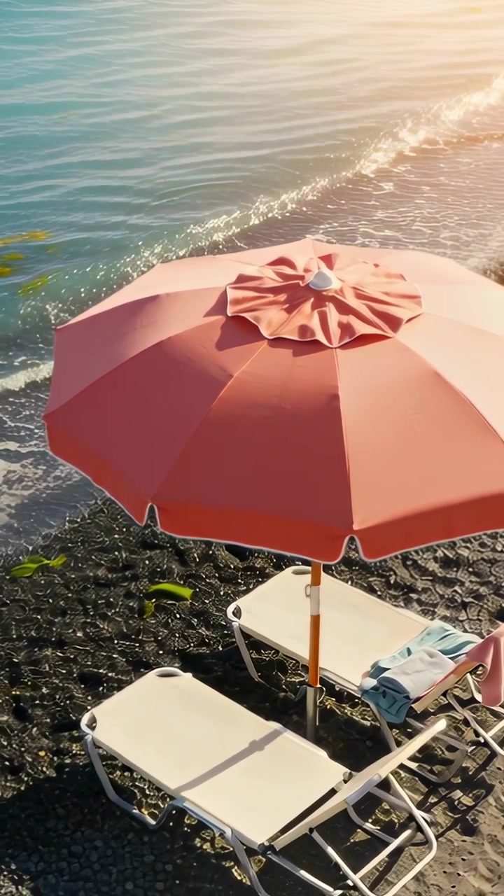 Video verticale: Luce solare che sposta le onde che lambiscono i ciottoli vicino a un ombrellone rosa corallo con asciugamani.