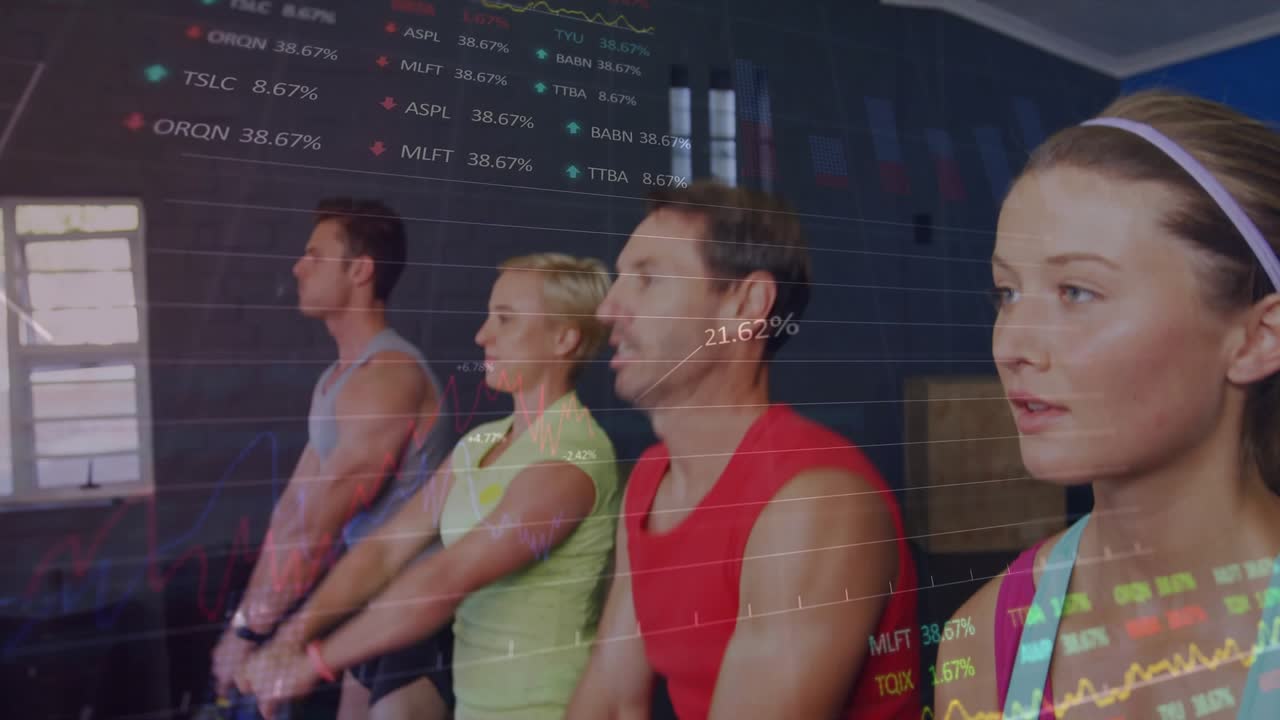 Cam zooming, four exercisers starting swinging kettlebells as data overlays tracking fitness