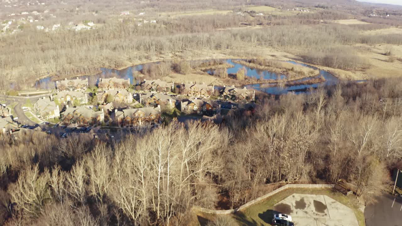 lago de drones aéreos de 4k en el invierno, árboles muertos en el norte del estado de nueva york