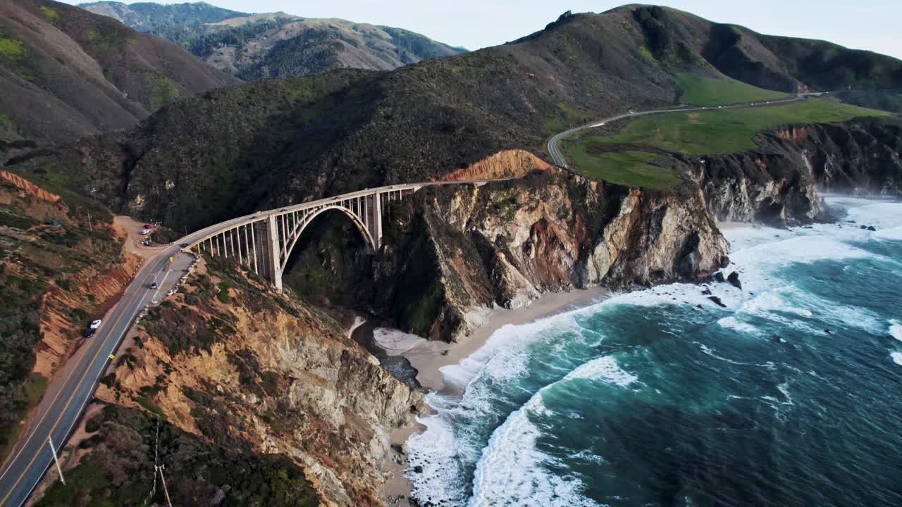 Bixby Bridge Rocky Creek Bridge in Big Sur California via Drone at Sunset