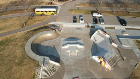 Helix-shot-of-skaters-at-skate-ramp