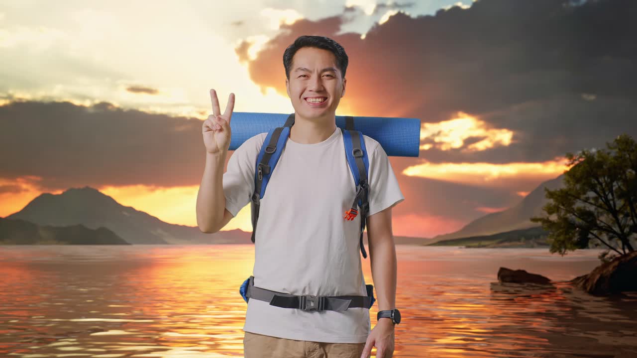 excursionista masculino asiático con mochila de montañismo sonriendo y mostrando un gesto de paz en un lago