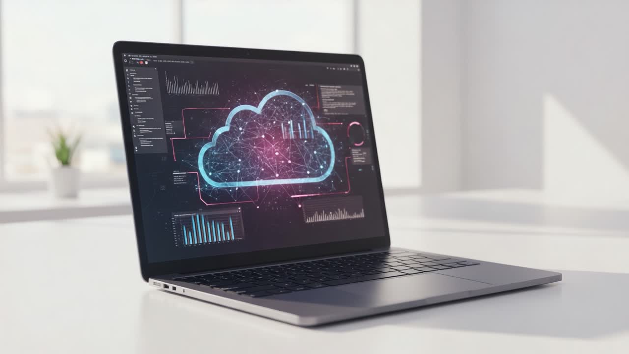 A Modern Laptop Displaying Data Visualization Within a Cloud Computing Interface, Featuring Analyzing Graphs and Statistics in a Sophisticated Digital Environment