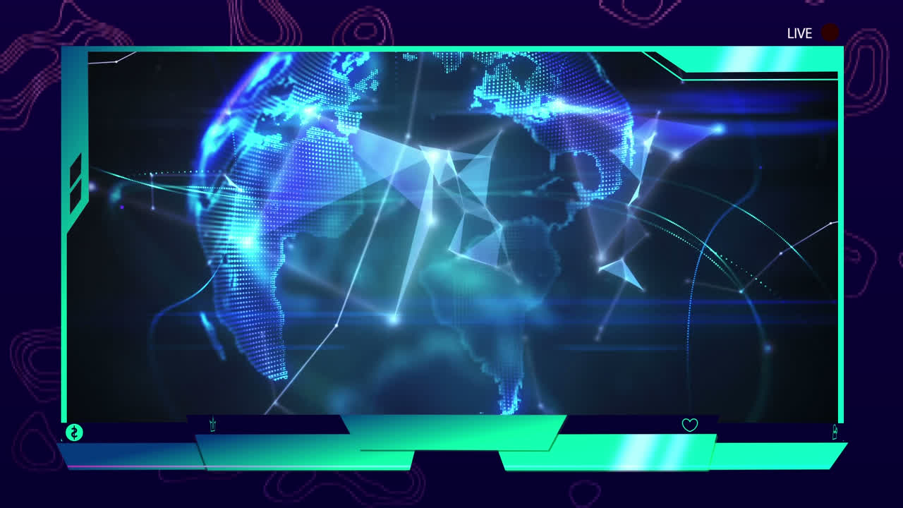 디지털 스크린에서 연결 네트워크와 함께 회전하는 지구의 애니메이션, 글에 아이콘을 녹음합니다.