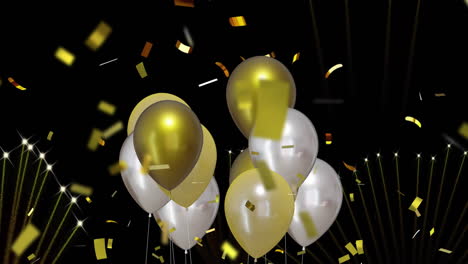 Animation-of-gold-and-silver-balloons-with-confetti-on-black-background