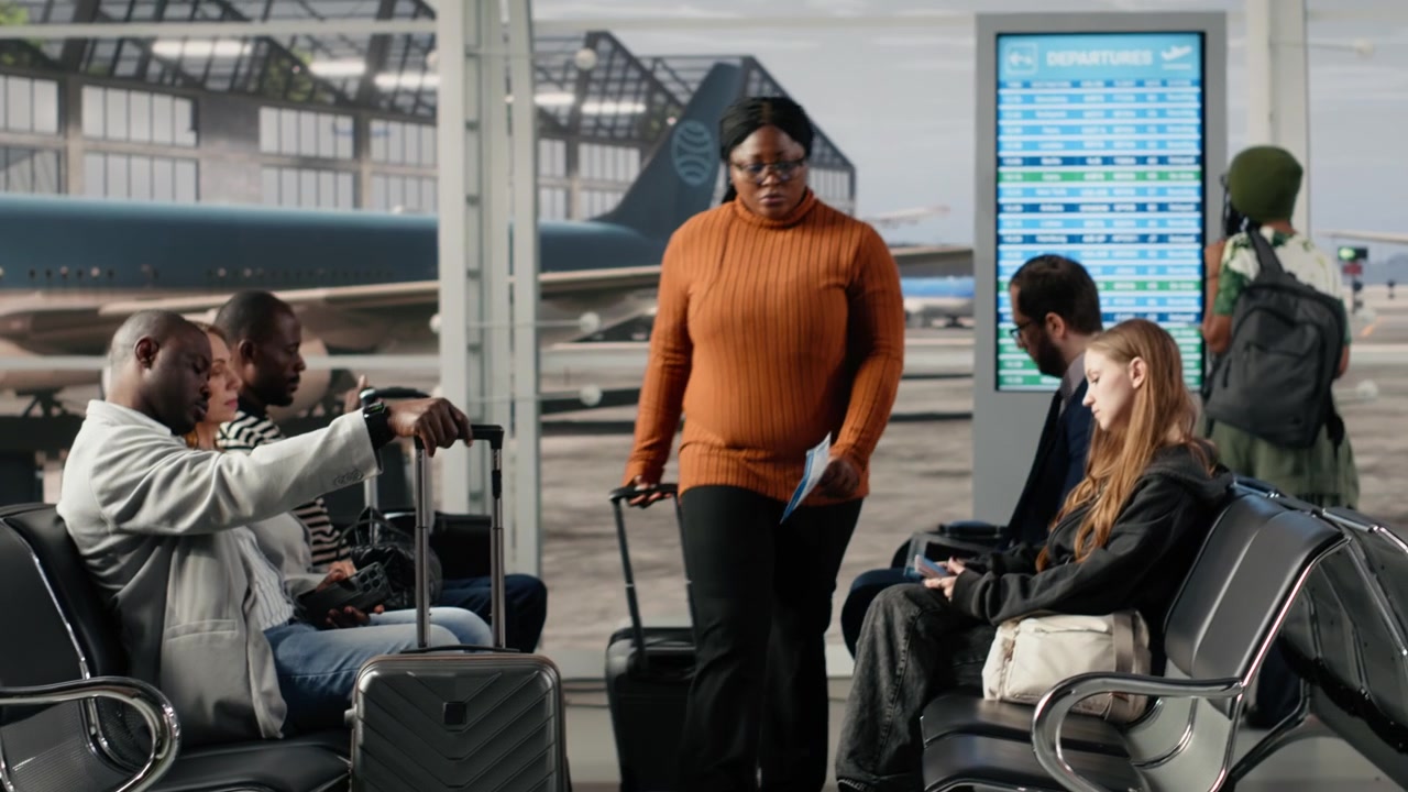 Checking flight schedule, screen and man with woman in airport