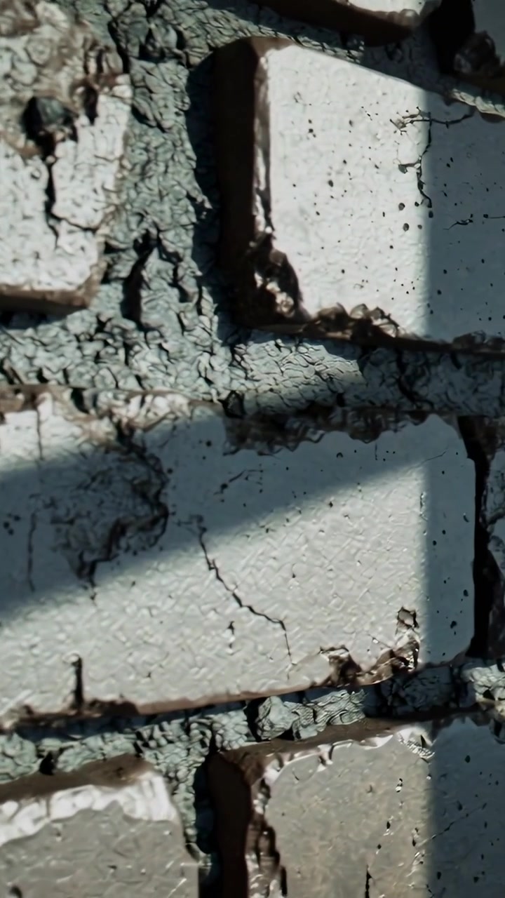 Video verticale: Telecamera che si inclina, mostrando la facciata di un muro di mattoni, rivelando vernice scrostata, ombra per i dettagli.