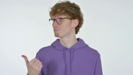 video call by redhead young man, white background