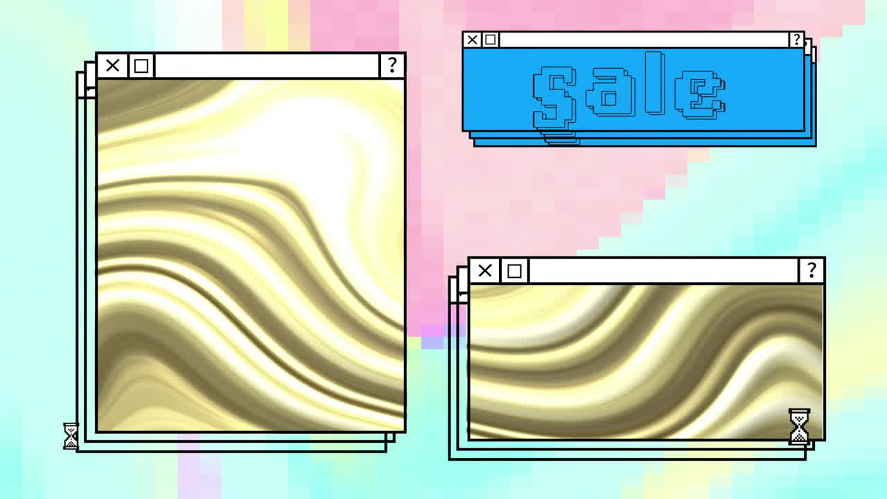 Animation of digital interfaces with sale text and golden shapes on colourful background