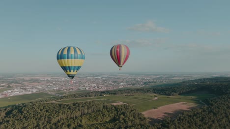 4k aerial two hot air balloons above vineyards with city in background