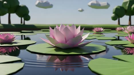 a serene and tranquil scene showcasing a blooming pink lotus flower resting gracefully on a reflective pond surrounded by lush green lily pads and a peaceful landscape